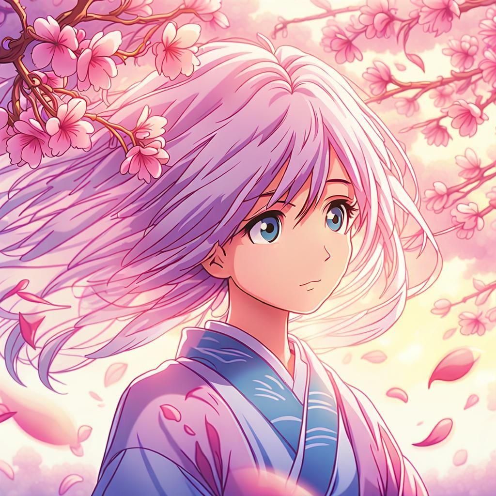 Woman in Kimono Under Cherry Blossoms in Anime Style