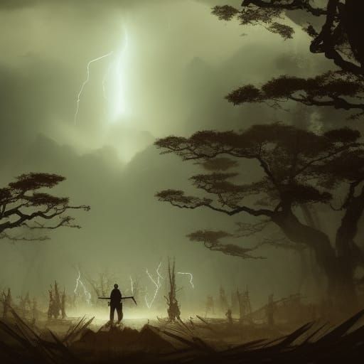 Samurai Confronts Bandits in Stormy Landscape