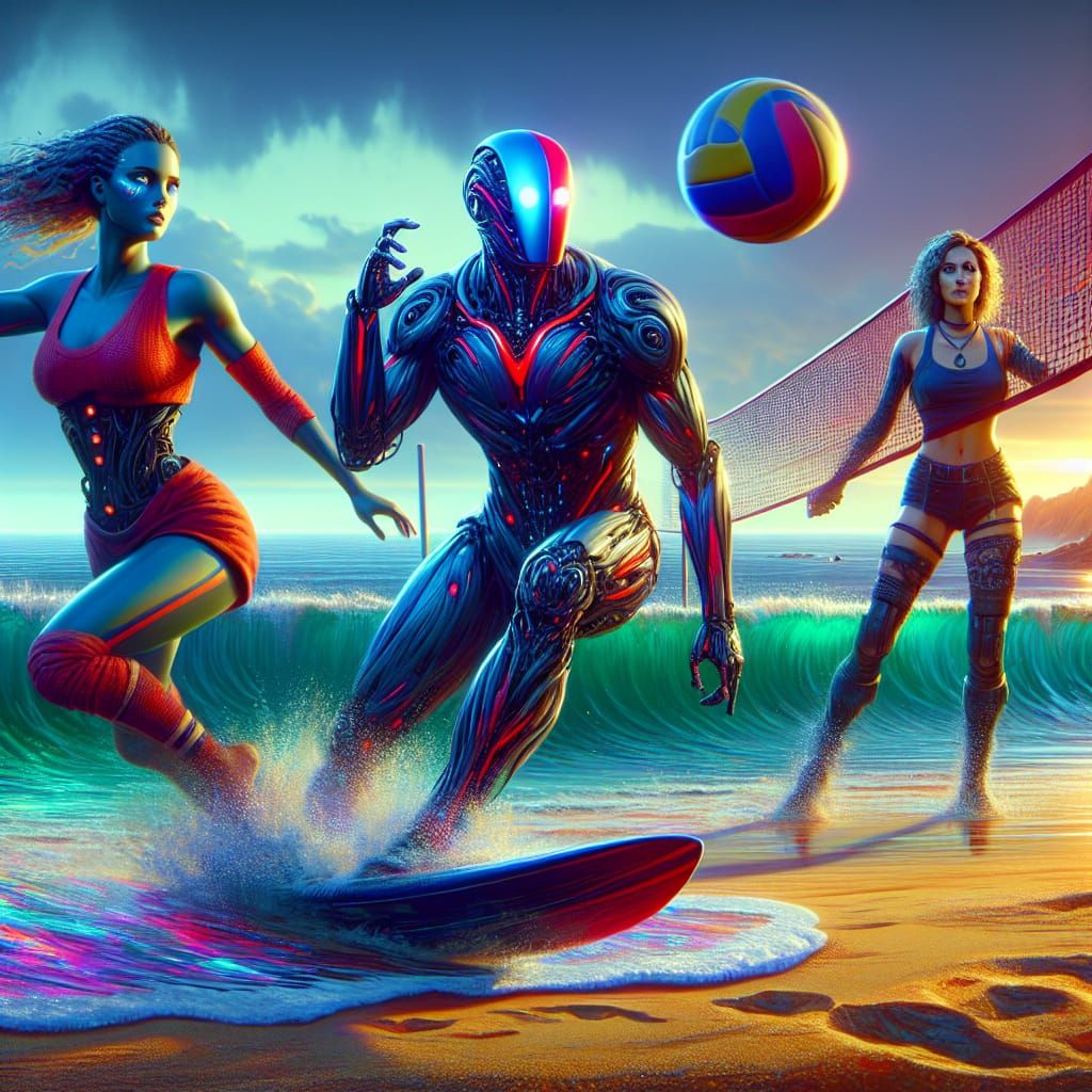 Beach Scene with Surfer and Volleyball Players in Impasto St...