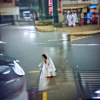 Girl in White Robe in Rainy Street