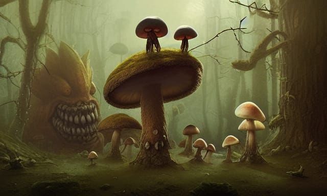 Mushroom People Eaten by Monster: Fantasy Art
