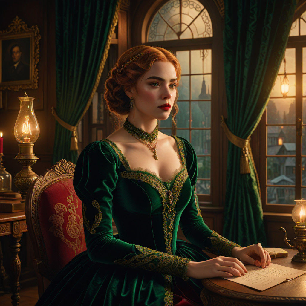 Romantic 1860s Whimsy in Emerald Velvet and Golden Light