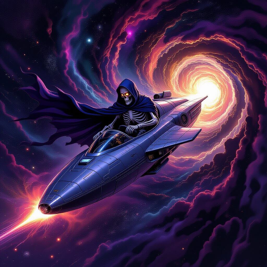 Death Pilots Cosmic Vessel Through Time Vortex