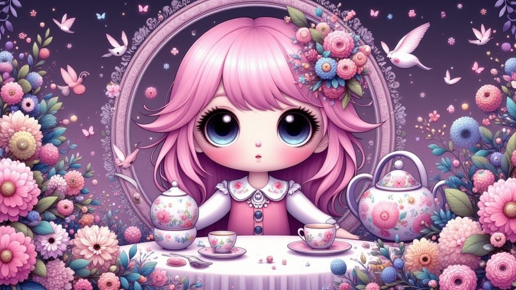 <lora:Ultra Cute Flux:1.0> A grimdark kawaii chibi tea party