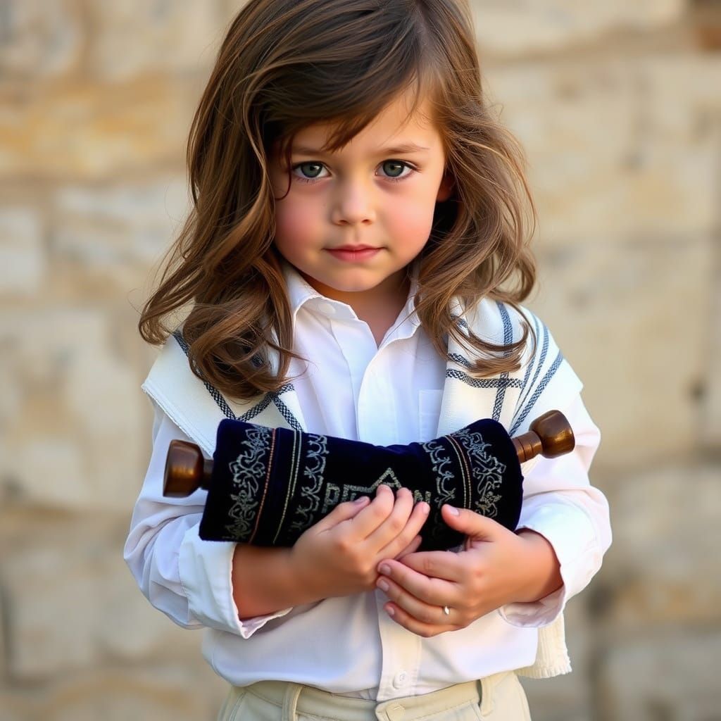 A three-year-old boy stands gently bathed in soft, natural afternoon light. His long, flowing brown curls rest delicatel...