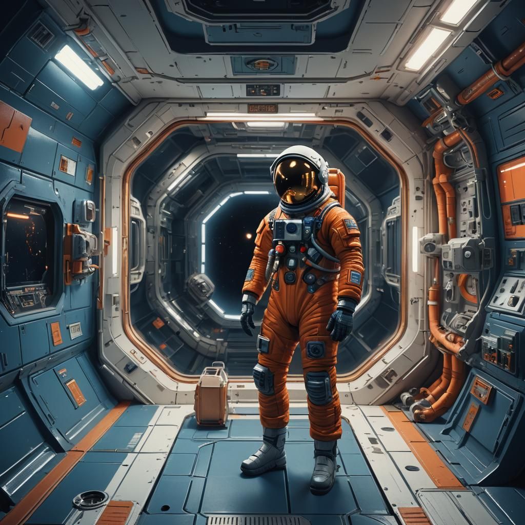 Astronaut in Retro-Futuristic Space Station Interior