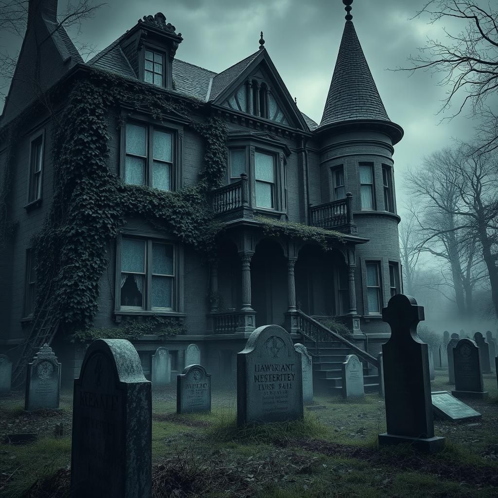 Eerie Victorian Mansion and Graveyard in Gothic Horror Style