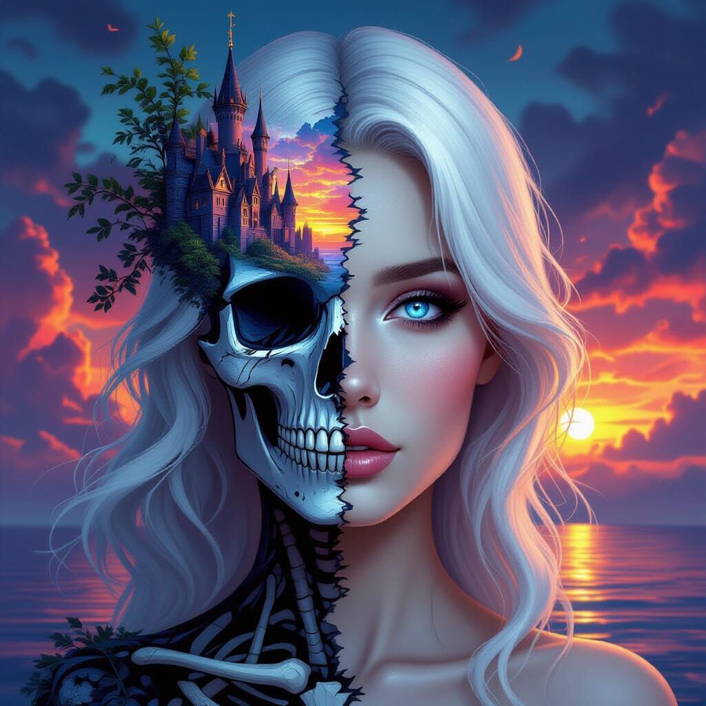 Surreal Woman's Face Merged with Castle and Skull Landscape