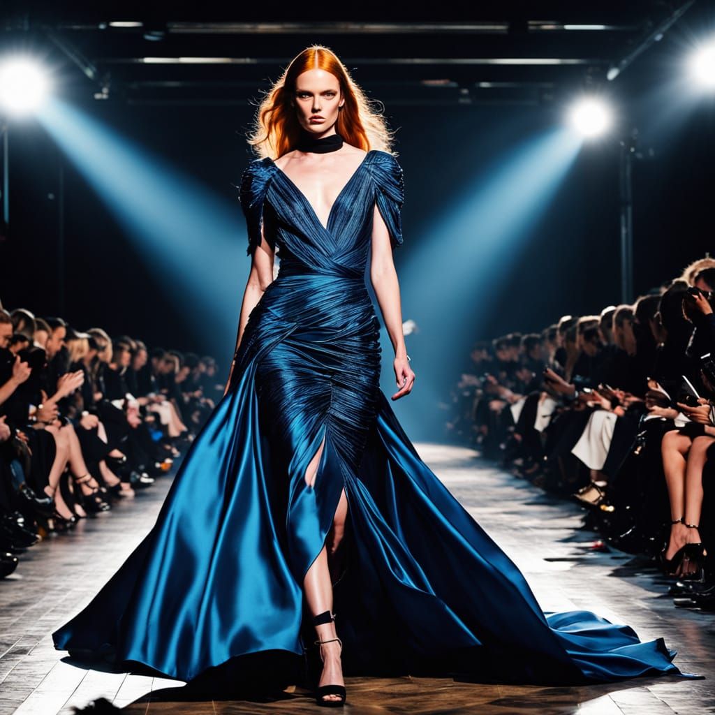 Ginger Model Struts Down Catwalk in Elegant, Iridescent Blue...