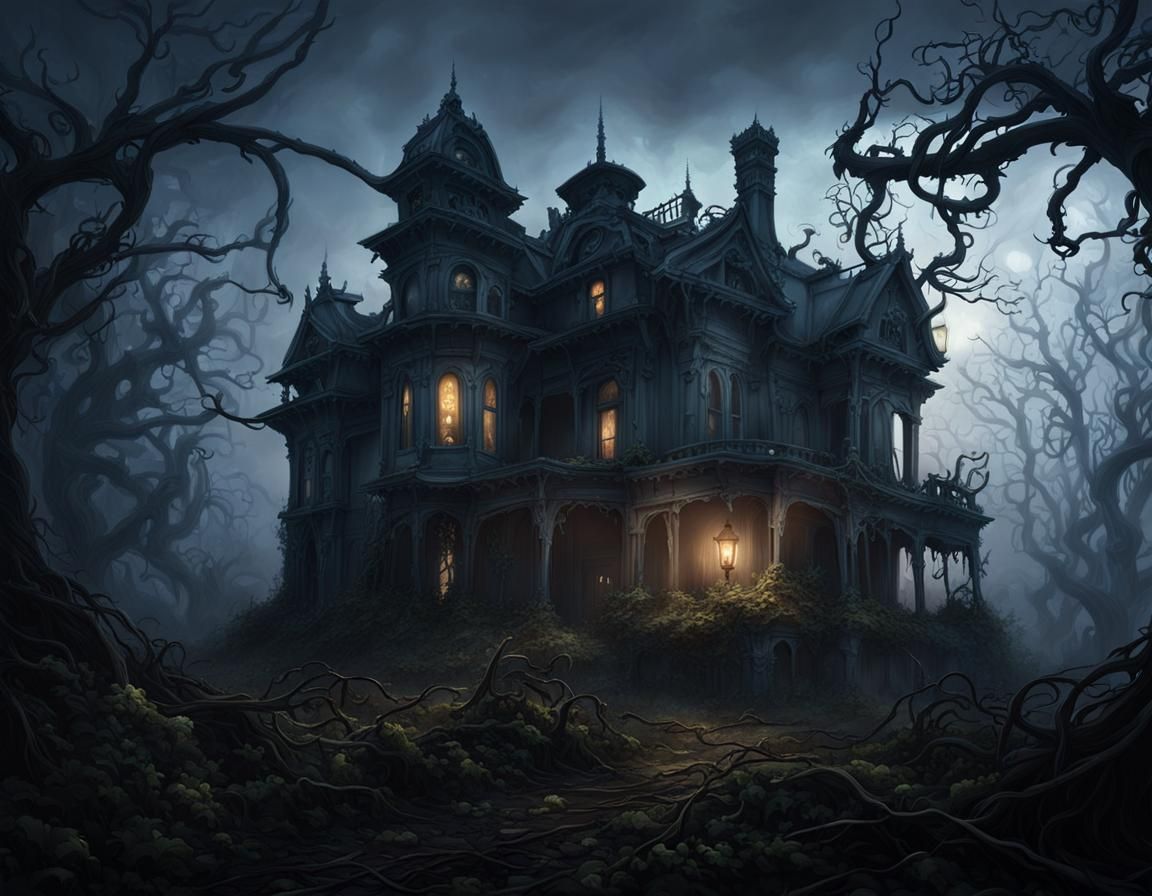 Dilapidated Victorian Mansion in Dark Fantasy Style