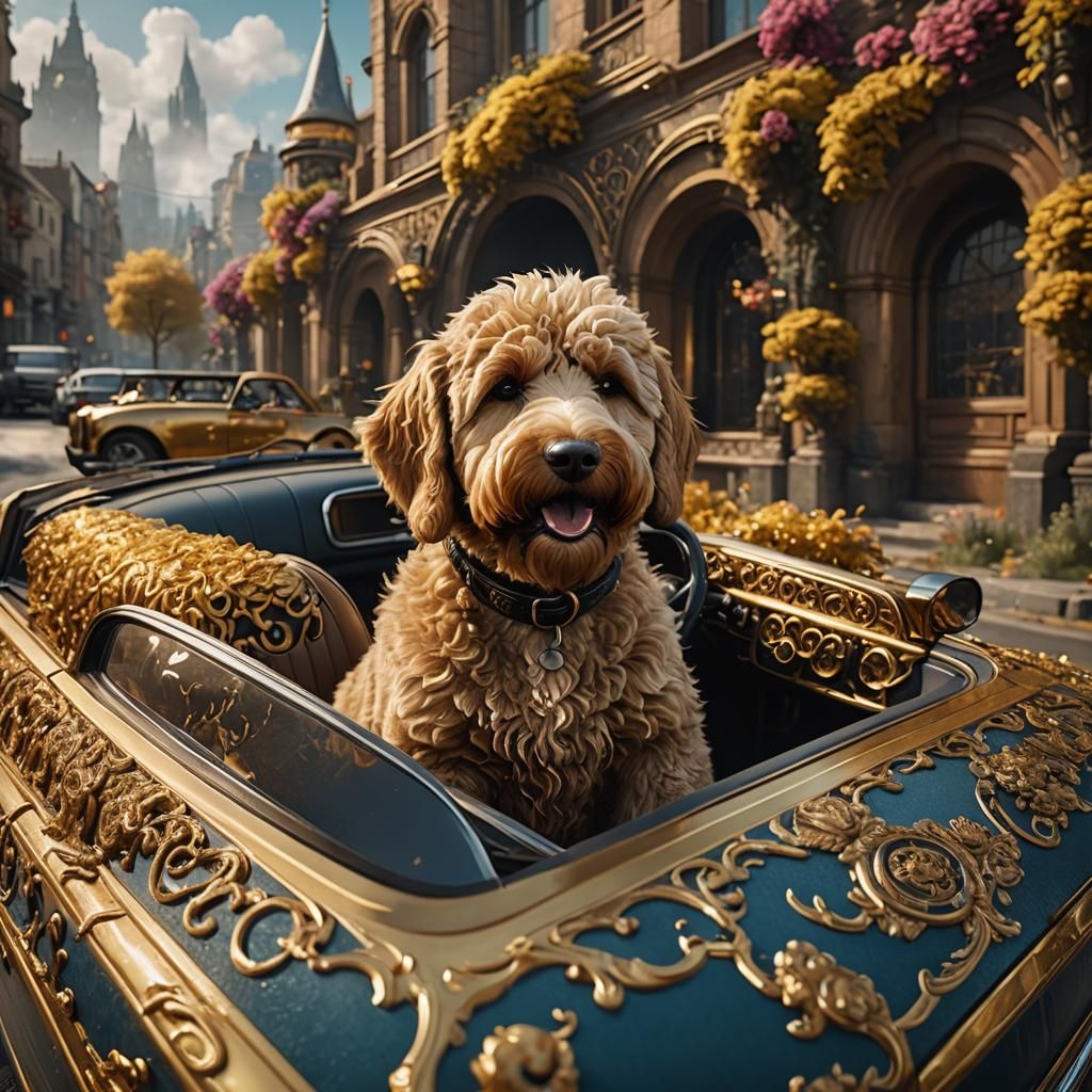 Golden Doodle Driving: Detailed Fantasy Art