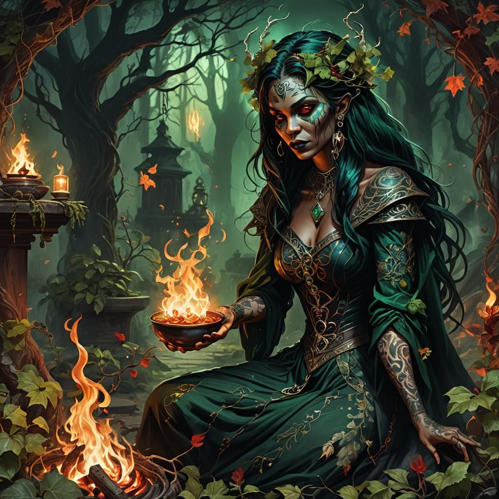 Black Witch Brewing Potion in Dark Fantasy Style