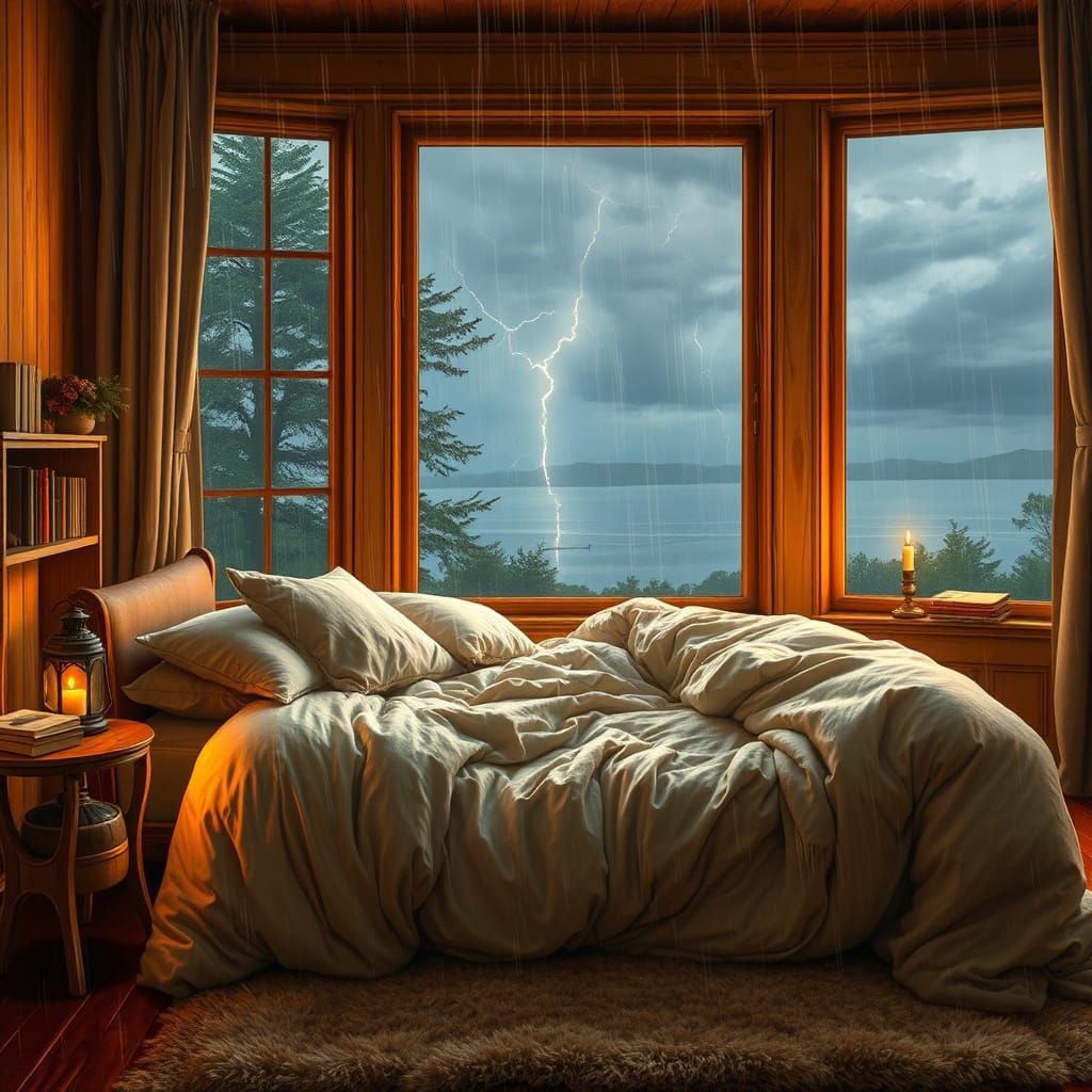 Cozy Room with Golden Light on Rainy Evening