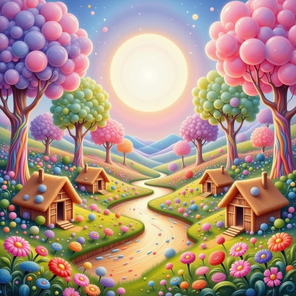 Vibrant Candy Land Valley with Surreal Bubble Trees