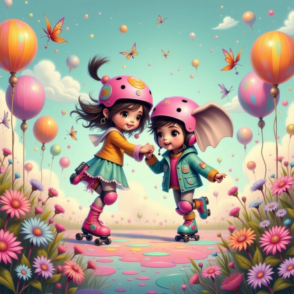 Fairy Punk Little Girl and Elephant Roller Skating Together