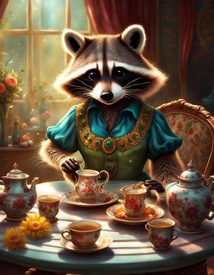 Whimsical Raccoon's Magic Tea Party