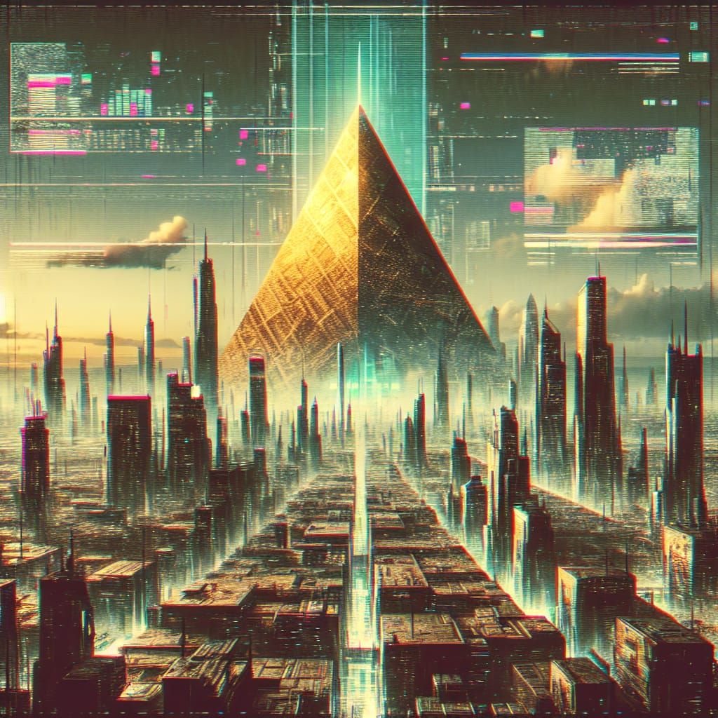 Cyberpunk Cityscape with Golden Pyramid in Gothic Surrealism