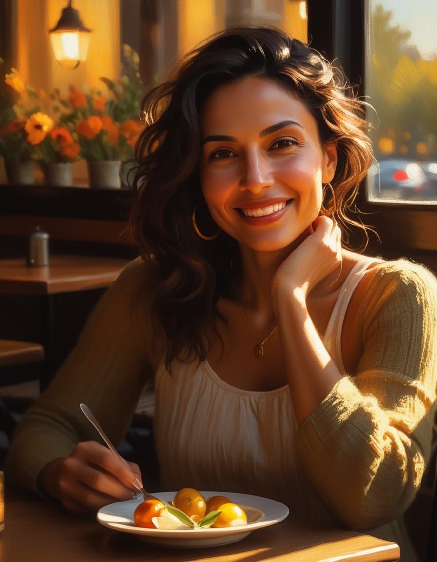 Romantic Realism Portrait of Woman in Cafe