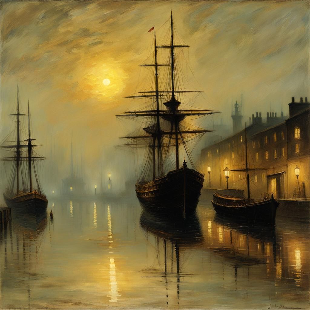 Ship Sails into Foggy Port: Nocturne in Grimshaw Style