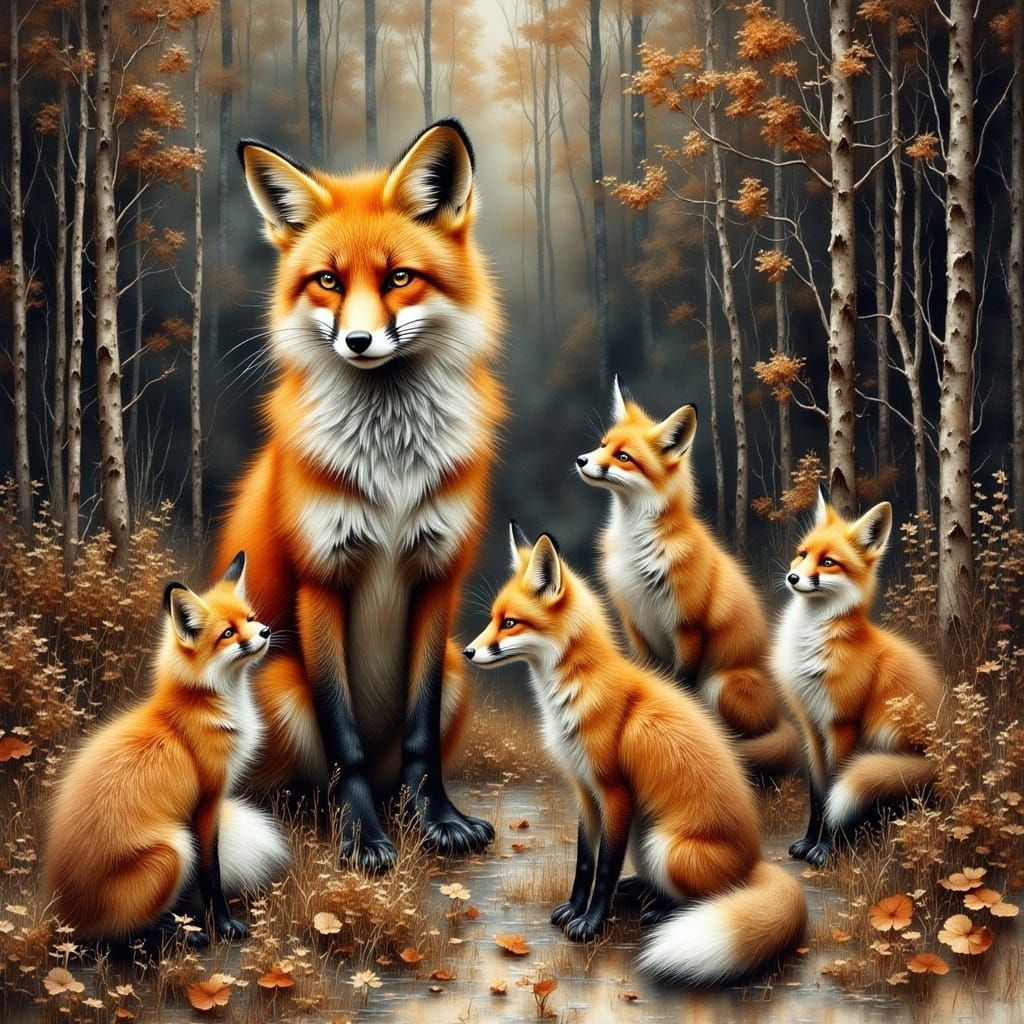Fox and Cubs as Oil Painting in Goya Style