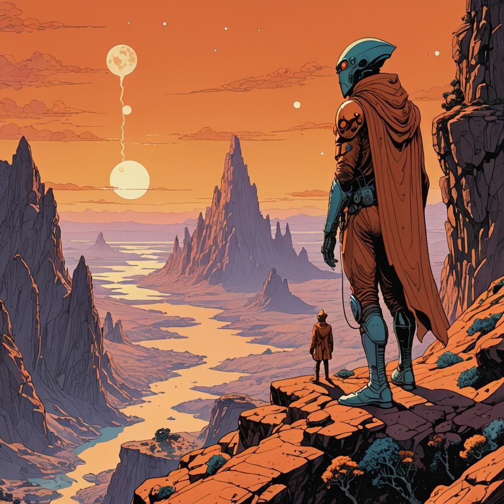 Alien Wizard Overlooks Ancient Planet in Moebius Style