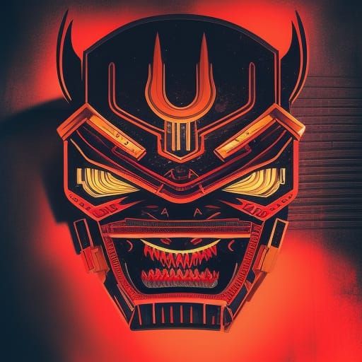 Bold Red and Black Shin-Hanga Inspired Oni Mask Art