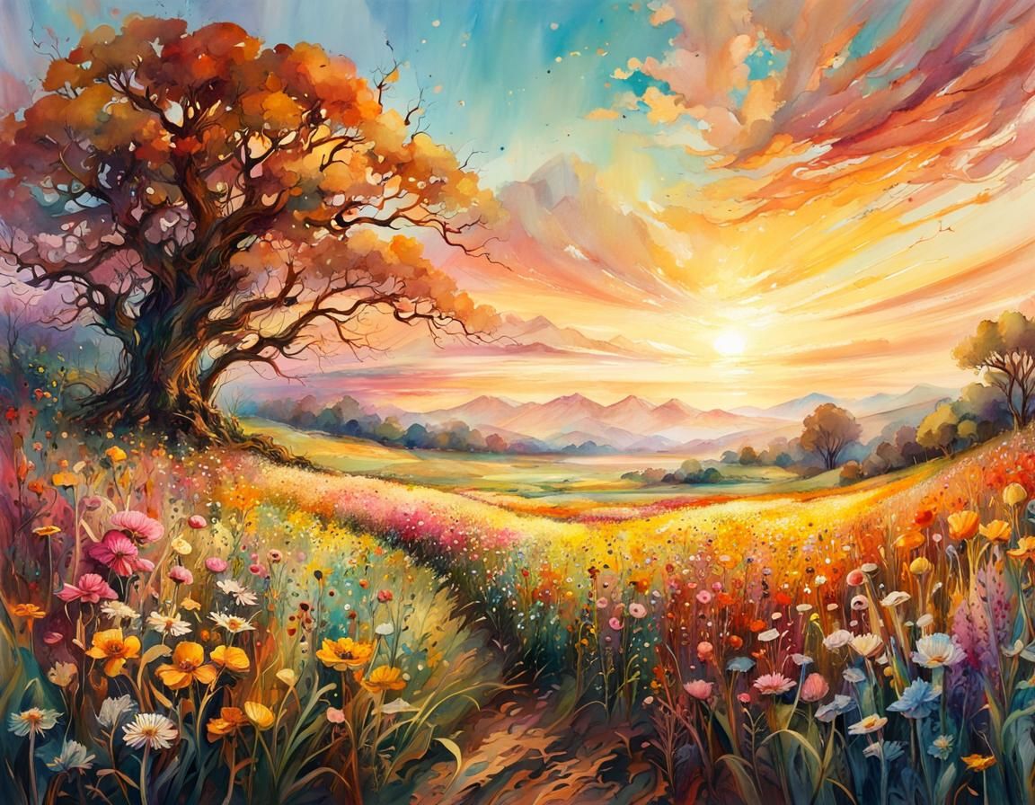Golden Hour Flower Field in Watercolor Style
