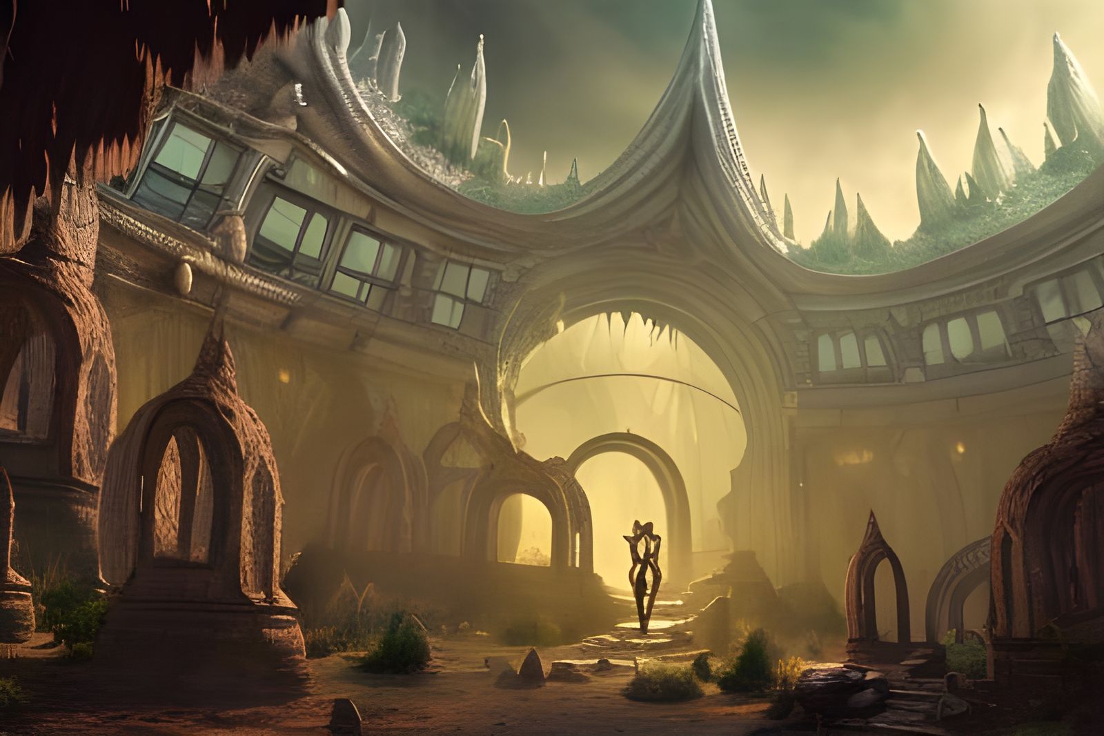 Post-Apocalyptic Elven Cave City in Digital Art Style