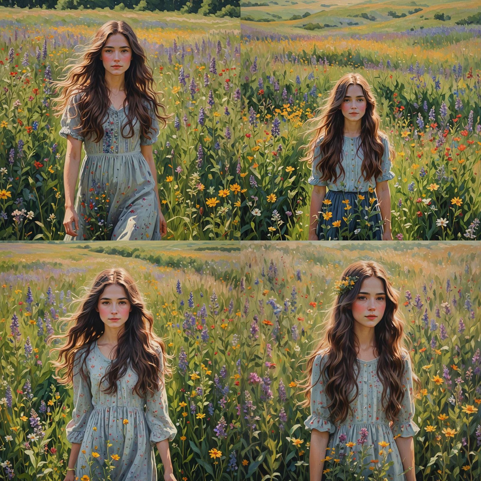 Impressionist Girl in Wildflower Field