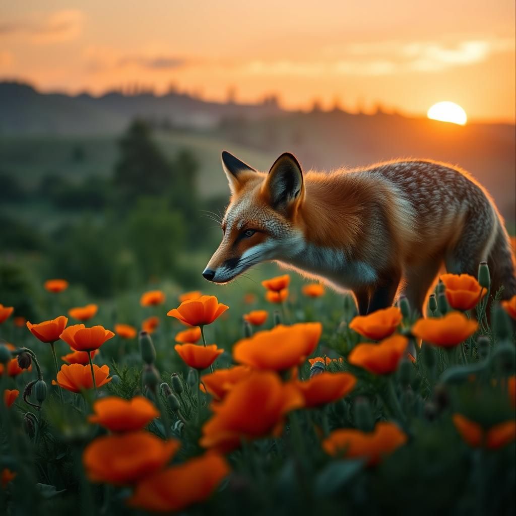 Red Fox in Poppy Field at Sunrise