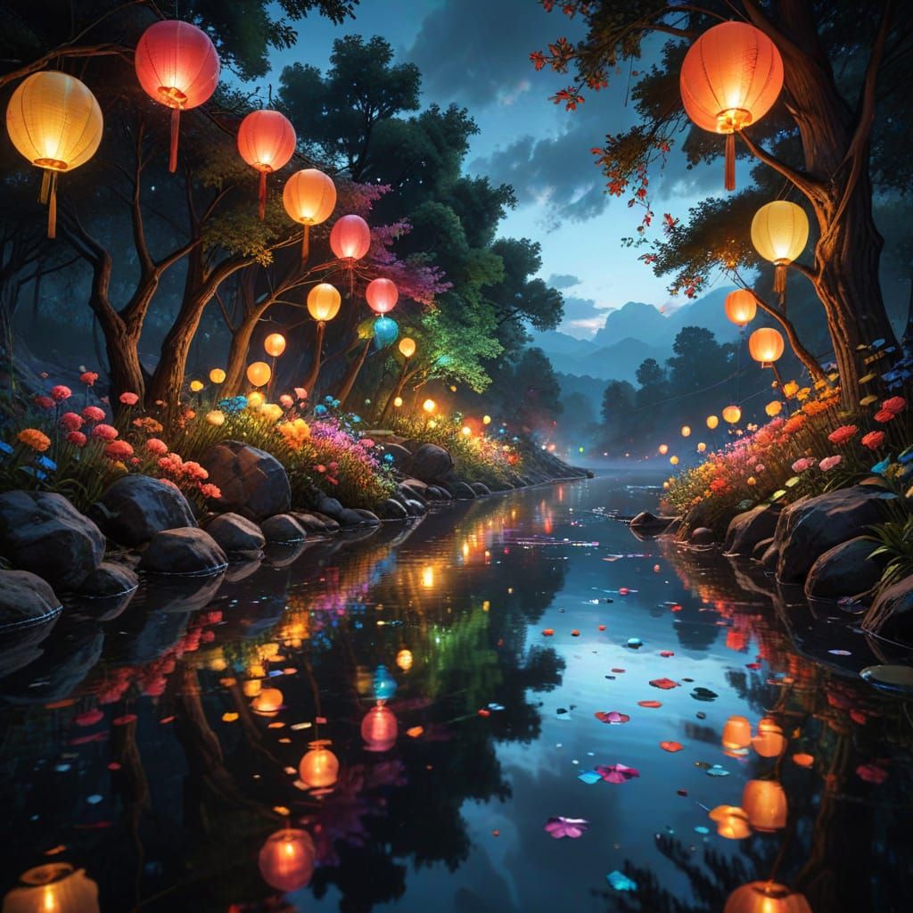 Rainbow Lanterns Reflecting in River, Airbrush Style