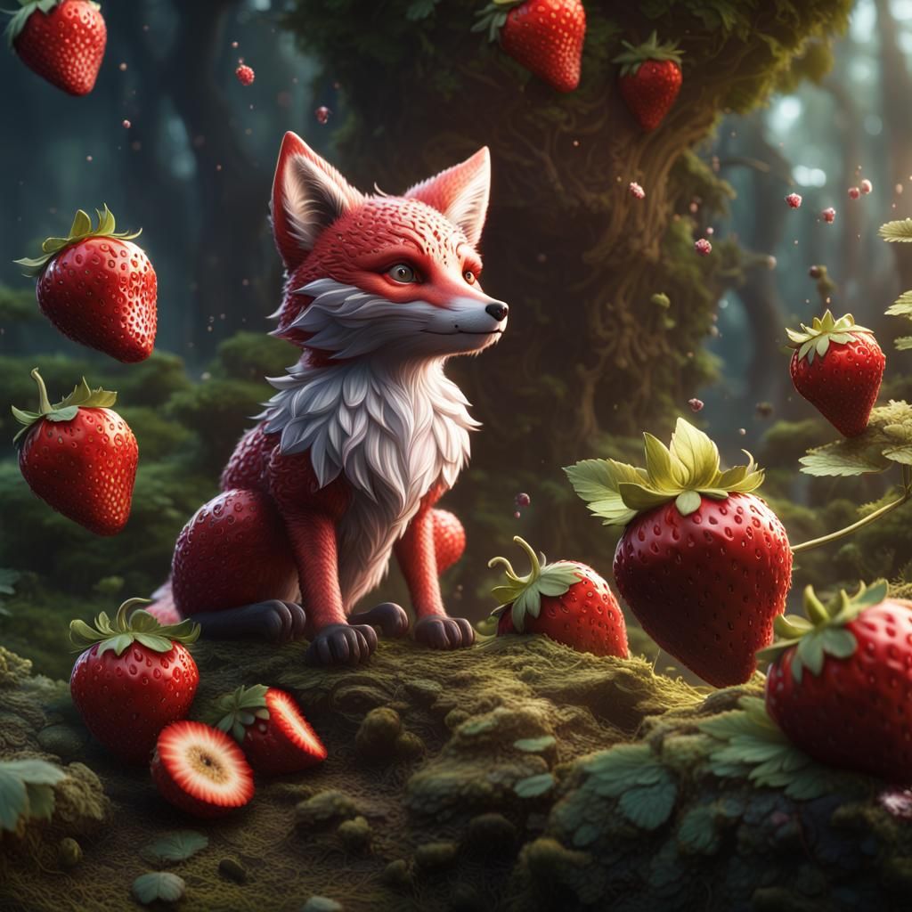 Strawberry Fox in a Magical Landscape