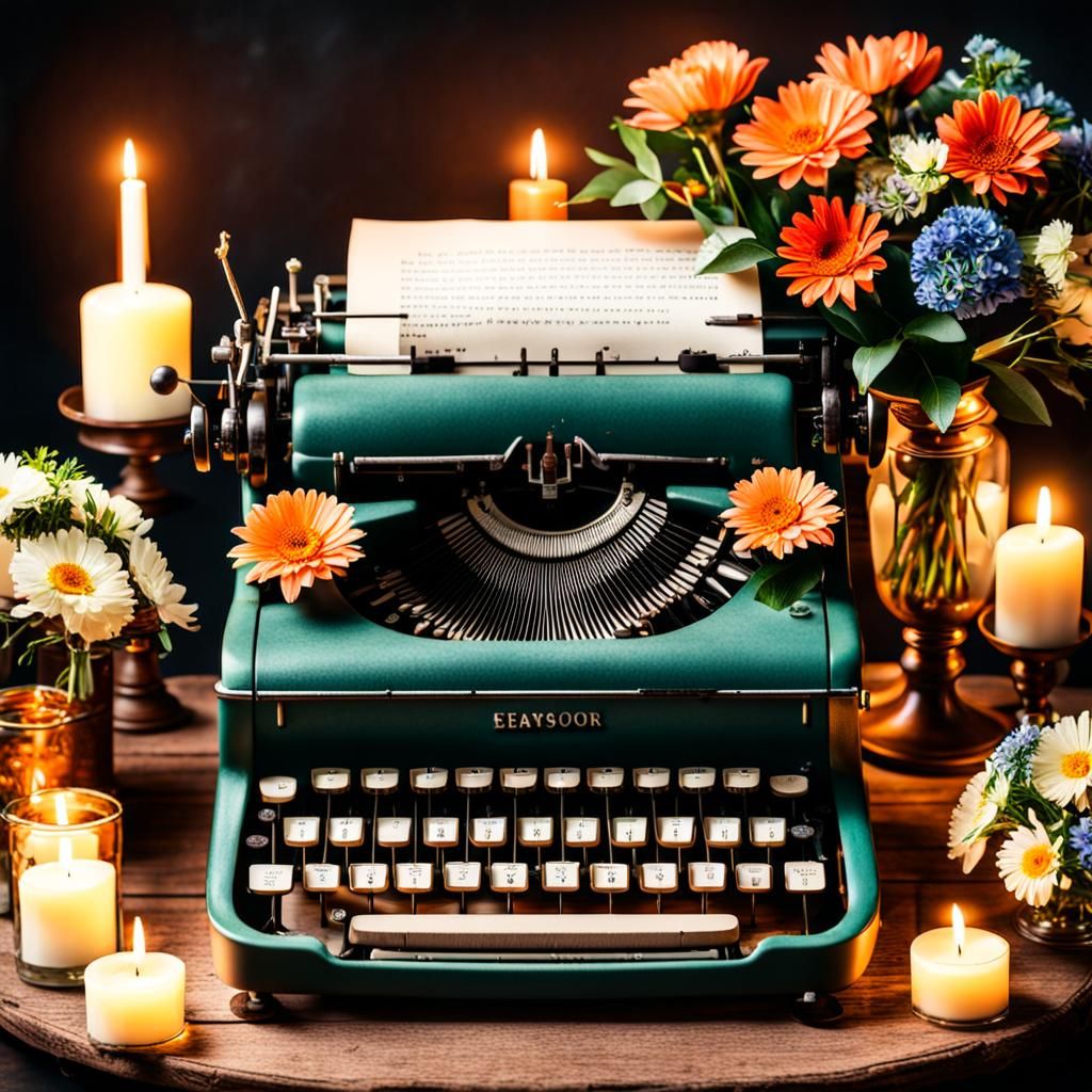 Vintage Typewriter with Floral and Candle Decoration
