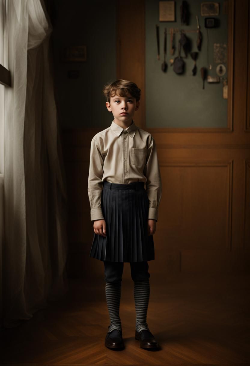 Boy wearing a pleated skirt