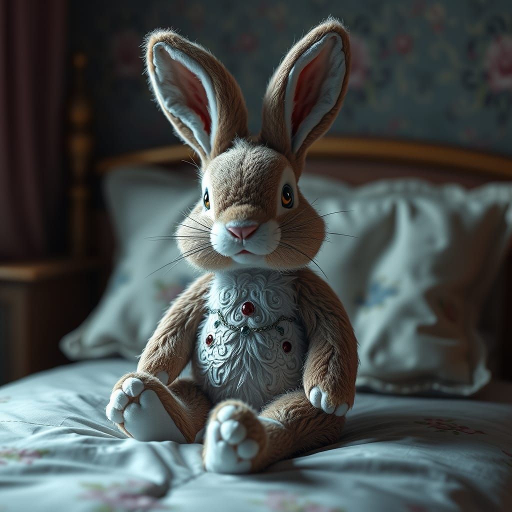 Fantastical Rabbit Companion in a Dreamy Bedchamber