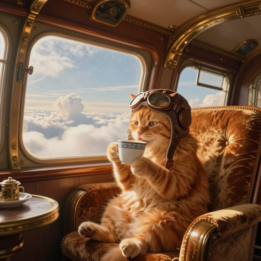 Ginger Cat Enjoys Coffee in Opulent Zeppelin Cabin