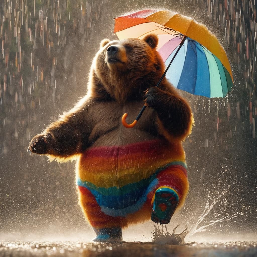 Happy Kodiak Bear Dancing in the Rain