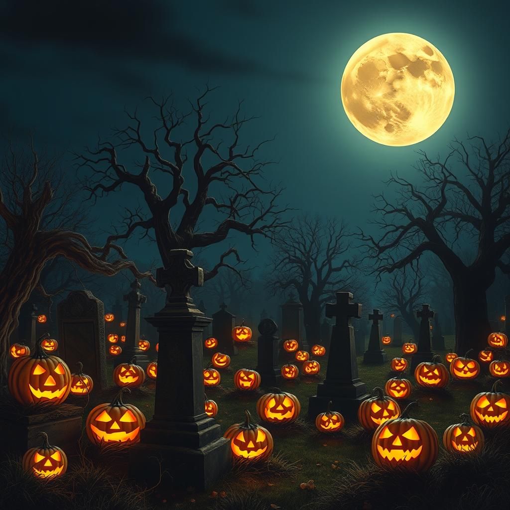 Graveyard Scene with Jack-o-Lanterns under Full Moon