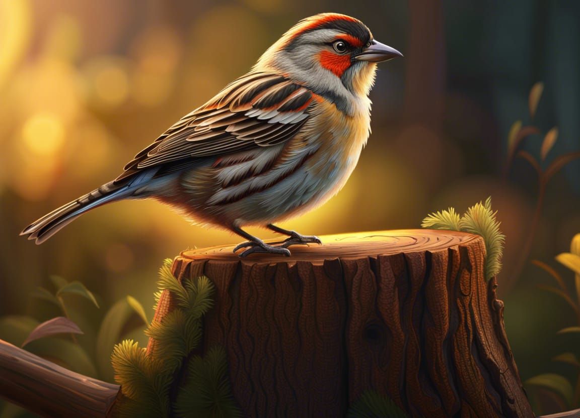 Finch on Stump: Hyperrealistic Impressionist Oil Painting