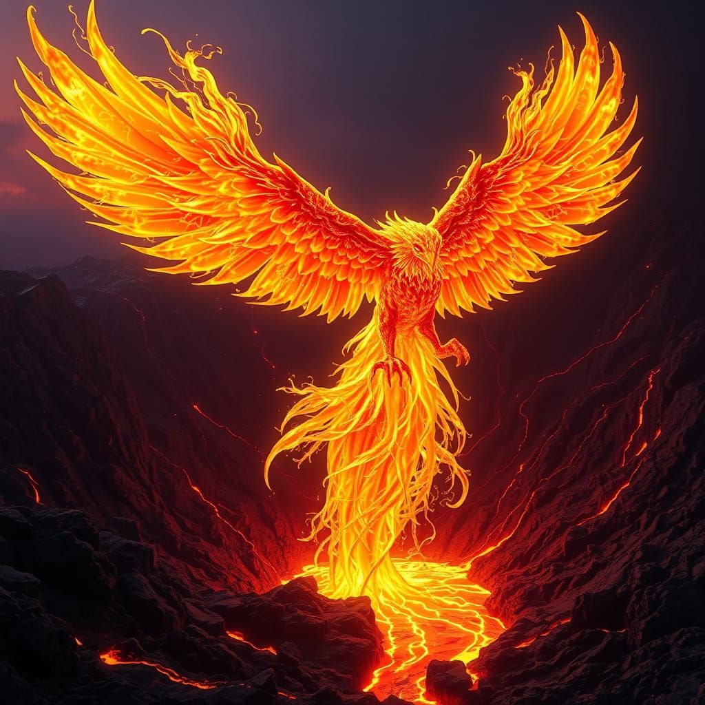 Molten Gold Phoenix Rises From Volcano in Fiery Fantasy Art
