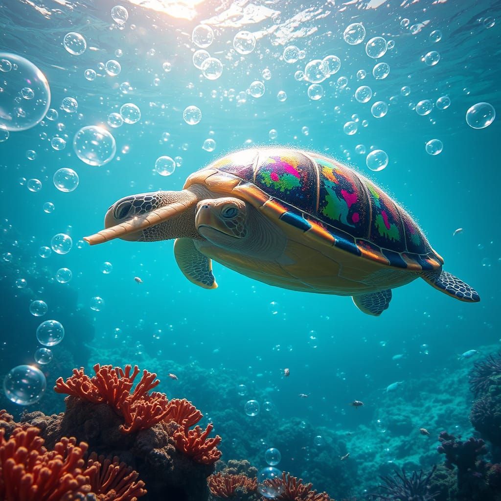 Underwater Turtle with Bioluminescent Bubbles, Surrealist St...