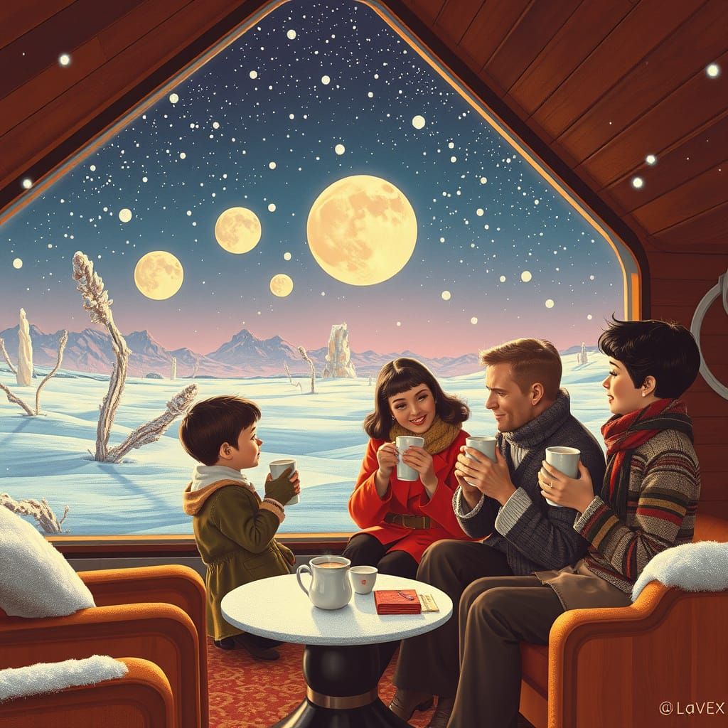 Retro Futurism Family Holiday on Alien Planet