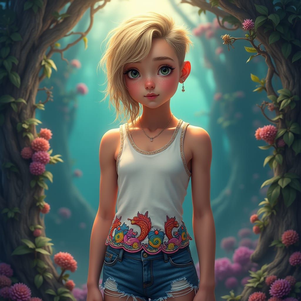 Girl with Half-Shaved Hair in Fantasy Landscape