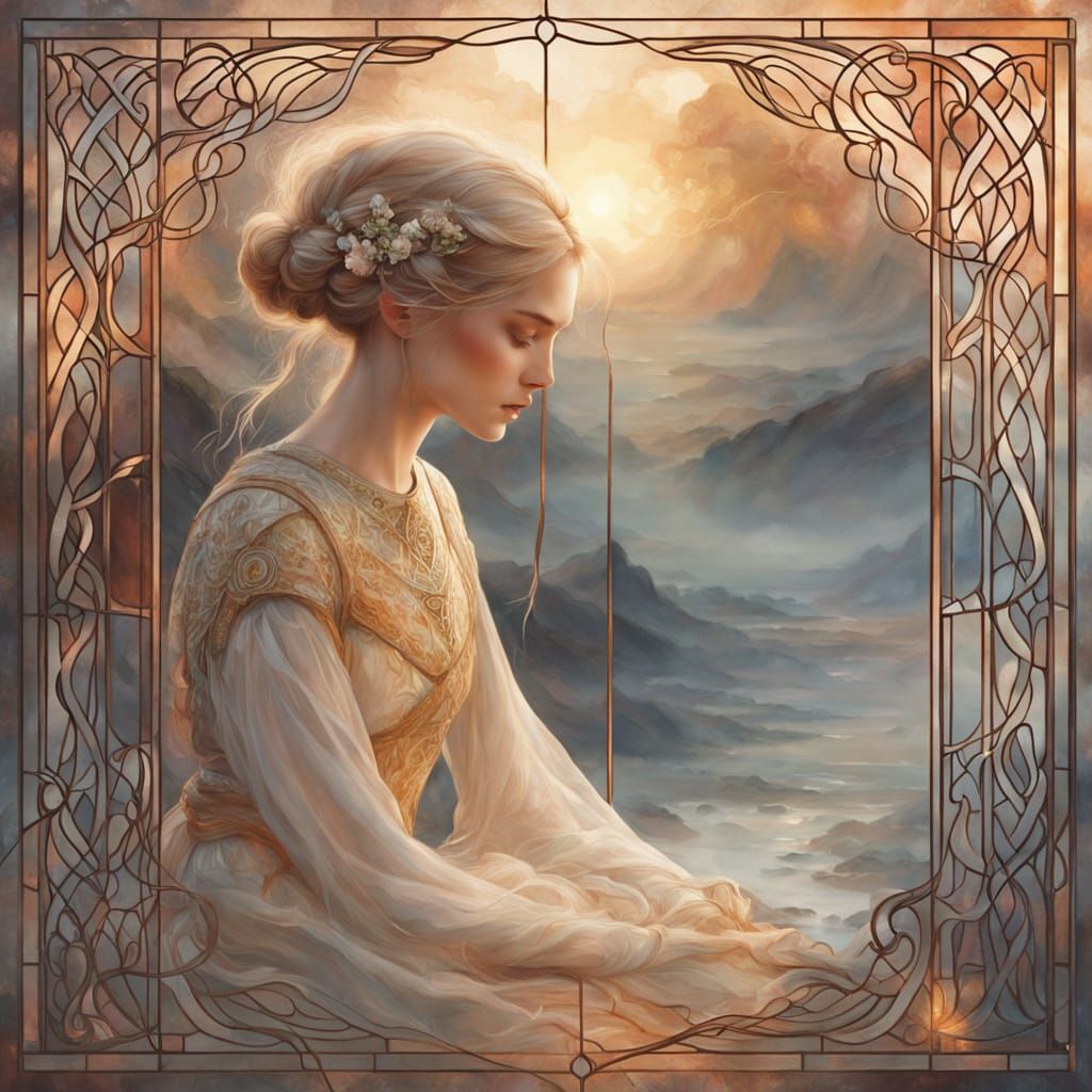 Dreamy Celtic Battle Scene in Watercolor Stained Glass Style