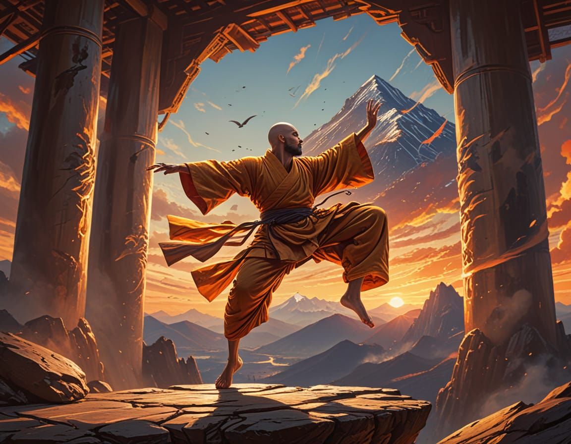 Monk's Flying Kick on Mountaintop Dojo at Sunset