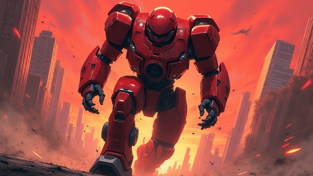 Crimson Mech Charges Through Futuristic City in Epic Anime-I...