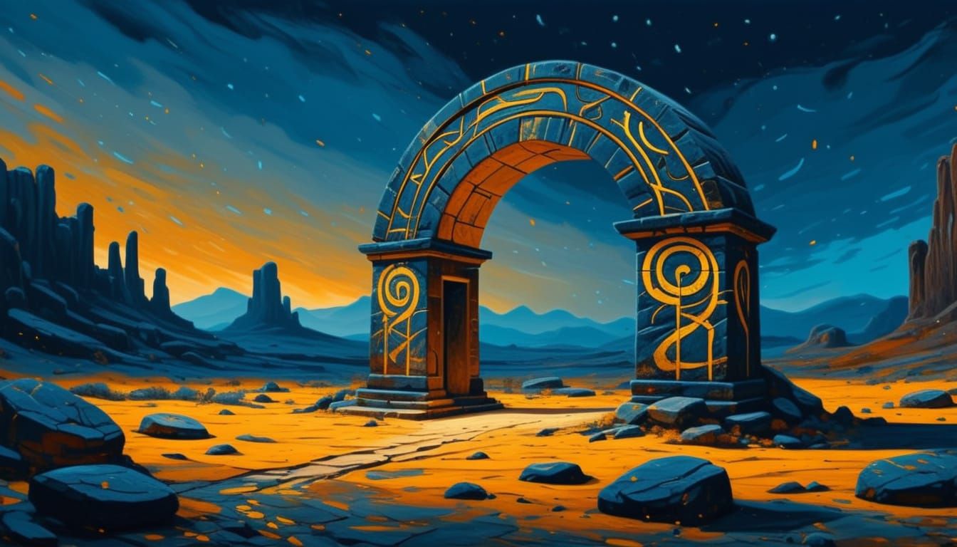 Desert Archway with Glowing Runes in Dark Fantasy Style