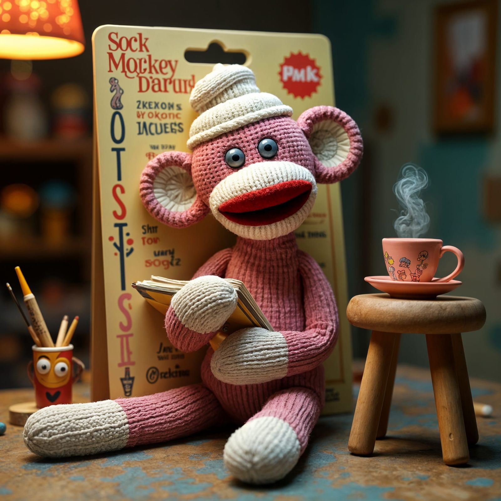 Socky: Whimsical Claymation-Inspired Sock Monkey in Retro Bl...