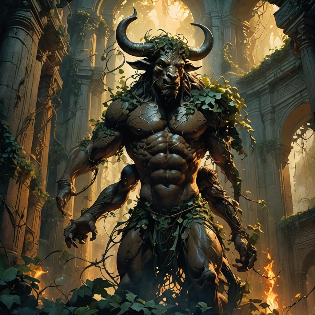Minotaur in Ancient Temple, Dark Fantasy Concept Art