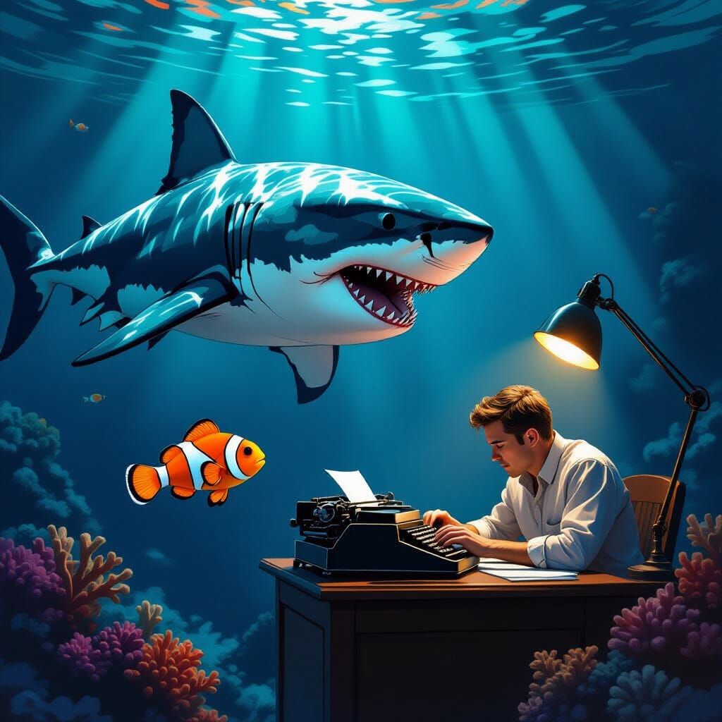 Shark Attacks Fish While Writer Types in Dramatic Concept Ar...